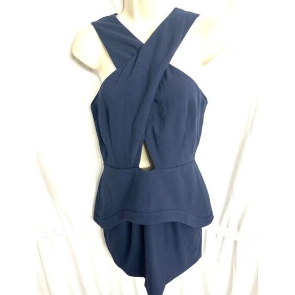 Finders Keepers Navy Blue Sleeveless Cross Front Cutout Peplum Knee Dress Size M - Picture 3 of 9